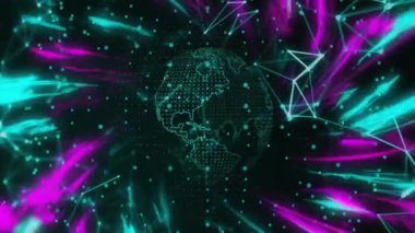 Neon geometrik şekiller ve parçacıklarla çevrili dijital bir küre. Teknoloji, fütürist, siber, sanal, soyut, modern