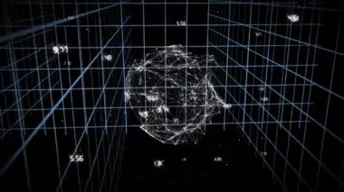 Geometrik şekiller ve numaralar siyah arkaplan üzerindeki ızgara çizgileri üzerinde animasyon. Geometri, dijital