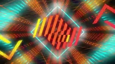 Soyut arkaplan üzerinde geometrik şekiller ve neon çizgileri animasyonu. dijital, fütüristik, tasarım, modern, teknoloji, canlı