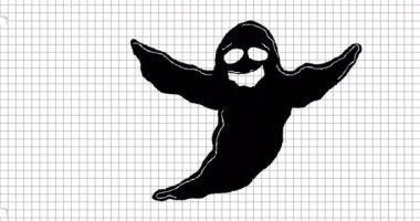 Arka plan animasyonunun üzerinde kollarını açmış hayalet figürü. Paranormal, doğaüstü, ürkütücü, hayalet, hayalet, ürkütücü.