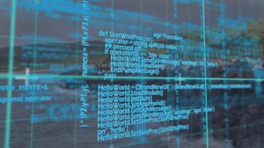 Şebeke ve veriler kayalık kıyı şeridi üzerindeki animasyonu gösteriyor. Teknoloji, okyanus, dalgalar, görselleştirme, fütüristik, dijital