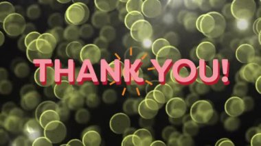 Teşekkür ederim! Koyu arkaplanda parlayan sarı halkalar üzerinde metin animasyonu. Soyut, dijital, canlı, dinamik, aydınlık, hareket