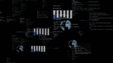 Grafikler, grafikler ve kod parçacıkları dönen dünya ve veri görselleştirmeleri üzerine animasyon. analitik, teknoloji, küresel, bilgi, istatistik, kodlama