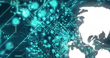 Dijital devre kartı ve dünya, küresel teknoloji ağı animasyonu. bağlantı, yenilik, veri, gelecek, siber alan, elektronik