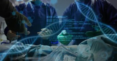 Ameliyat yapan cerrahların DNA iplikleri ve veri işleme animasyonları. Tıbbi, sağlık, teknoloji, biyoteknoloji, fütüristik, yenilikçi