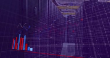 Endüstriyel deponun arka planında çizgi ve çizgi animasyonu. Veri, analitik, sanayi, ekonomi, bilgi, istatistik