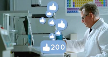 Sosyal medyayla çalışan bilim adamları ekipman yerine animasyonu severler. Bilim, laboratuvar, araştırma, teknoloji, yenilik, dijital