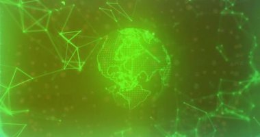 Yeşil dijital küre ve ağ bağlantıları koyu arkaplan üzerinde animasyon. Teknoloji, küreselleşme, fütürist, iletişim, sanal, siber