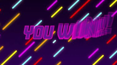 Sen kazandın! Koyu arkaplandaki renkli neon çizgilerin üzerine metin animasyonu. Zafer, kutlama, tebrikler, parlayan, dinamik, enerjik