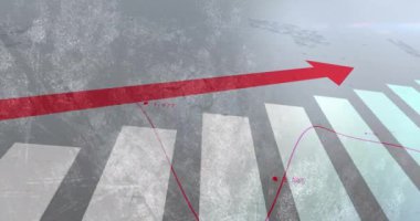 Arkaplanda kırmızı ok ve çizgi grafik animasyonu var. Analizler, veriler, finans, iş, artış, büyüme