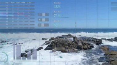 Finansal veri tabloları ve okyanus dalgaları üzerindeki grafikler. Finans, görselleştirme, yatırım, analitik, ekonomi, hisse