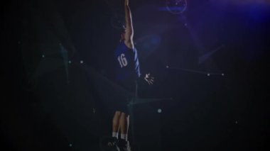 Basketbolcu geometrik şekilli ve çizgi hareketli topa vuruyor. Spor, atlet, hareket, dijital sanat, dinamik, canlı