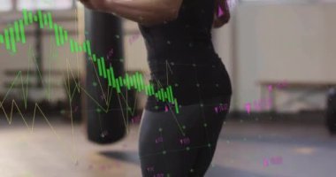 Spor salonunda atlama halatıyla egzersiz yapan birinin borsa veri animasyonu. Finans, egzersiz, teknoloji, sağlık, fitness, ticaret