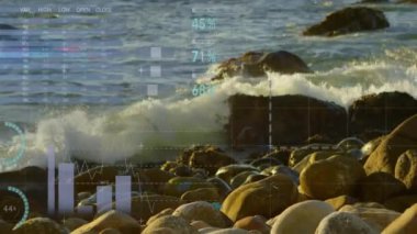 Dalgaların çarptığı Rocky Beach üzerinde veri canlandırma animasyonu. Doğa, okyanus, kayalar, su, görsel veri, animasyon