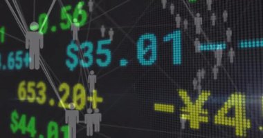 Hisse senedi verileri ve insan ağlarının siluetleri üzerinde animasyonlar. Finans, ekonomi, yatırım, iş, teknoloji, hisse senetleri