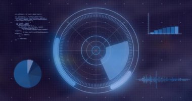 Radar, şebeke arka planında veri çizelgeleri ve grafiklerle animasyon taraması yapıyor. Teknoloji, analitik, dijital, geleceksel, görselleştirme, bilgi