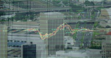 Mali verilerin ve şehir binalarının üzerindeki grafiklerin resmi. Küresel finans, ekonomi ve teknoloji kavramı dijital olarak üretilen görüntü.