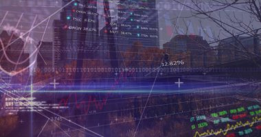 Image of financial data, binary code and graphs over city buildings. Global finance, economy and technology concept digitally generated image.
