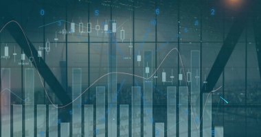 Şehir manzarası üzerinde finansal veri işleme resmi. Küresel iş, finans ve dijital arayüz kavramı dijital olarak oluşturulmuş görüntü.