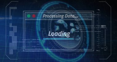 Hareket eden ekranların veri işleme görüntüsü ve mavi arkaplan üzerinde tarama. Küresel bağlantılar, veri işleme ve dijital arayüz konsepti dijital olarak oluşturulmuş resim.