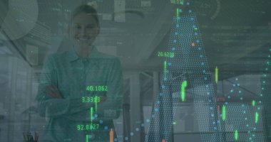 Kafkasyalı iş kadınının veri işleme görüntüsü. Küresel iş ve dijital arayüz kavramı dijital olarak oluşturulmuş görüntü.