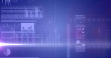 Mavi arka planda finansal veri işleme resmi. Küresel iş, finans, bilgisayar ve veri işleme kavramı dijital olarak oluşturulmuş görüntü.