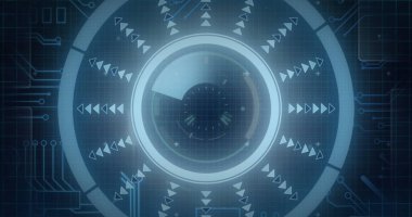 Siyah arkaplanda veri işleme ve tarama görüntüsü. Küresel bağlantılar veri işleme ve dijital arayüz konsepti dijital olarak oluşturulmuş resim.