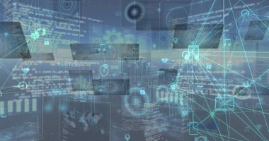 Mavi arkaplan üzerinde hareket eden ekranların veri işleme görüntüsü. Küresel bağlantılar, veri işleme ve dijital arayüz konsepti dijital olarak oluşturulmuş resim.