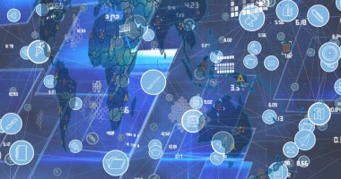 Mavi arkaplan üzerinde medya simgeleri ve dünya haritası. Küresel iş ve dijital arayüz kavramı dijital olarak oluşturulmuş görüntü.