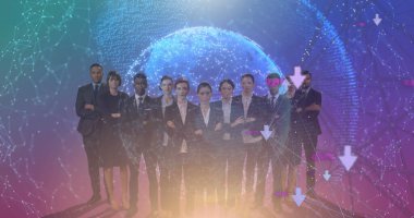 Çeşitli iş adamları üzerinde finansal veri işleme görüntüsü. küresel iş, finans, teknoloji ve bağlantılar konsepti dijital olarak oluşturulmuş görüntü.