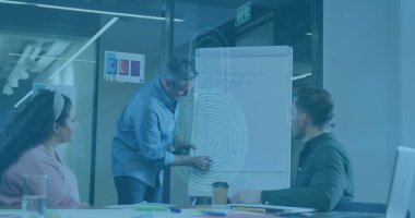 Çeşitli iş adamlarının ofiste toplanması üzerine asma kilit simgesi. Küresel iş, çevrimiçi güvenlik ve dijital arayüz kavramı dijital olarak oluşturulmuş görüntü.