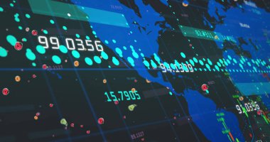 Dünya haritası üzerinde veri işleme resmi. küresel iş ve dijital arayüz kavramı dijital olarak oluşturulmuş görüntü.