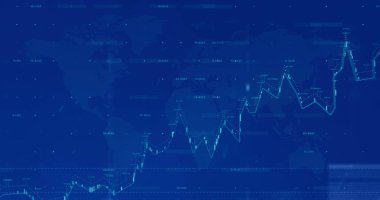 Dünya haritası üzerinde finansal veri işleme resmi. Küresel iş, finans, bilgisayar ve veri işleme kavramı dijital olarak oluşturulmuş görüntü.