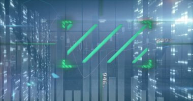 Finansal veri işleme ve şehir manzarası üzerinde hareket eden sütunların resmi. Küresel iş, finans ve dijital arayüz kavramı dijital olarak oluşturulmuş görüntü.