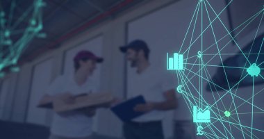 Kafkasyalı teslimatçılar üzerindeki ikonlarla olan bağlantıların görüntüsü. Küresel taşımacılık, bağlantılar, ağlar ve dijital olarak üretilen iş konsepti.