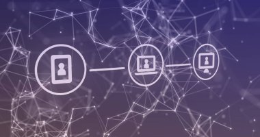 Değişken arkaplanda geometrik şekiller oluşturan birbirine bağlı noktalar üzerinde daireler çizen ikon resmi. Dijital olarak üretilmiş, hologram, illüstrasyon, aydınlanma, iletişim ve teknoloji konsepti.