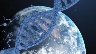 Dünya üzerindeki DNA iplikçiklerinin ve moleküllerin animasyonu. Küresel bilim, bağlantılar, hesaplama ve veri işleme kavramı dijital olarak oluşturulmuş video.