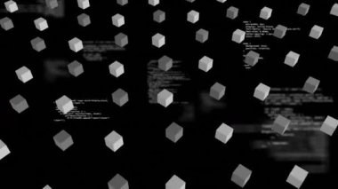 Yüzen küpler ve kodlama metinleri, kara arkaplanda veri işleme animasyonu. Teknoloji, dijital, fütürist, soyut, programlama, bilgi