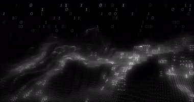 İkili kod ve dijital manzara animasyonu koyu arkaplan üzerinde. Teknoloji, siber güvenlik, veri, ağ, yazılım, fütüristik