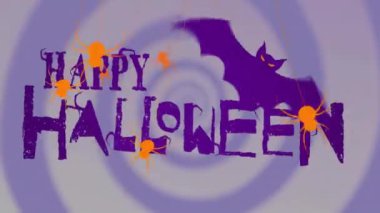 Örümceklerle Cadılar Bayramı animasyonunuz kutlu olsun ve mor spiral arka planda yarasalar. Neşeli, ürkünç, kutlama