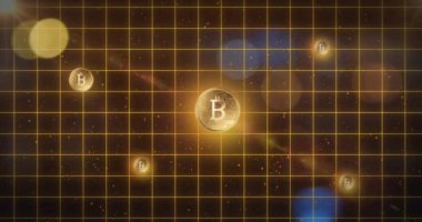 Bitcoin sembolleri ve yıldız uzayı arkaplanı üzerinde ızgara animasyonu. Kripto para birimi, engelleme zinciri, dijital para birimi, sanal para birimi, finans, ticaret