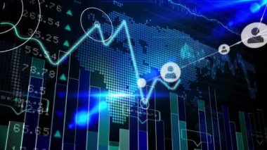 Finansal grafik ve grafikler üzerinden küresel ağ bağlantıları ve veri analizleri canlandırılıyor. Teknoloji, finans, animasyon