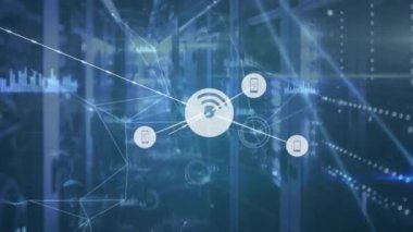 Bulanık ofis arka planında ağ bağlantısı ve veri aktarımı animasyonu. Teknoloji