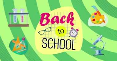 Renkli okul malzemeleri illüstrasyonları üzerine okul animasyonuna dönelim. Eğitim, öğrenim, kalemler, defterler, boya kalemleri, kırtasiye malzemeleri.