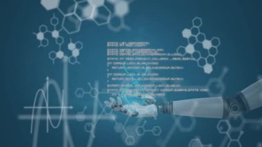 DNA ipliğini tutmak, robot el işlemesi bilimsel verileri animasyonda işlemek. Biyoteknoloji, robotik, yenilik, genetik, yapay zeka, araştırma