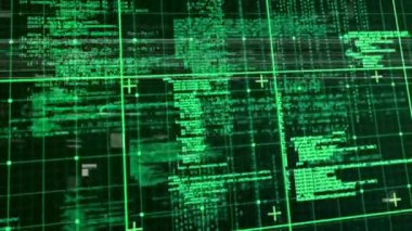 Şebeke arka planında yeşil kodlama ve veri işleme animasyonu. Teknoloji, yenilik, soyut, programlama, dijital, kod