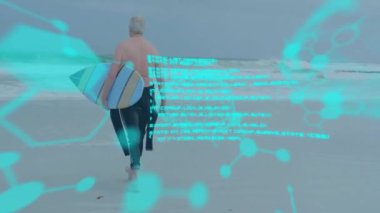 Sörf tahtasıyla okyanusa doğru yürüyen bir adam bilimsel veri işleme animasyonunun üzerinde yürüyordu. Sörf, teknoloji, plaj, araştırma, analiz, macera