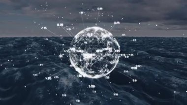 Okyanus dalgaları üzerinde veri göstergeleriyle parlayan küre. Teknoloji, yenilik, küresel, dijital, fütüristik, ağ
