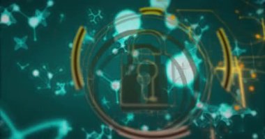 Moleküler yapılarla soyut dijital arkaplan üzerindeki sembol animasyonunu kilitle. Siber güvenlik, veri, koruma, şifreleme, teknoloji, ağ