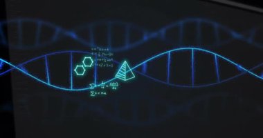 Siyah zemin üzerinde DNA ipliği üzerinde semboller olan matematiksel denklemlerin animasyonu. Küresel teknoloji, bilim, denklemler ve dijital arayüz konsepti dijital olarak oluşturulmuş video.